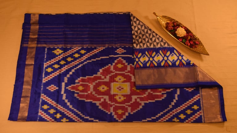 Grey and Blue Pure handloom Pochampally Ikat Silk saree