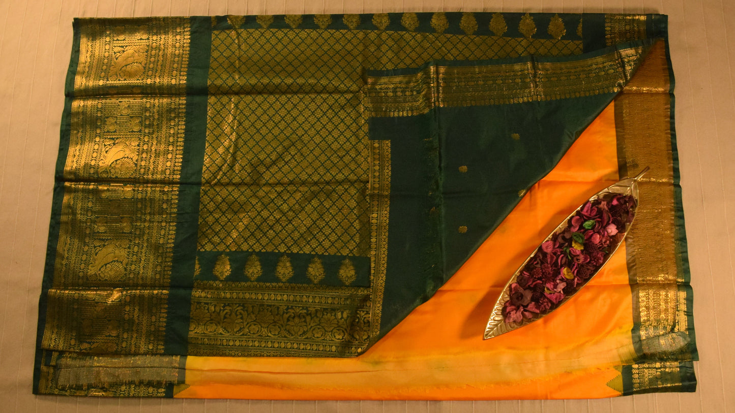 Bright Yellow and Green Semi Gadwal silk saree