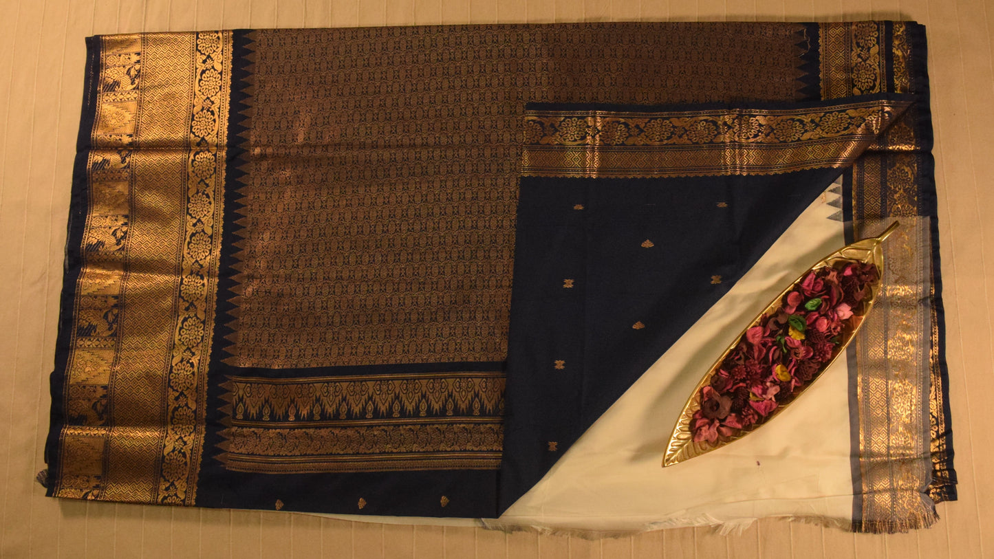 Off-White with Royal Navy Blue Semi Gadwal silk saree