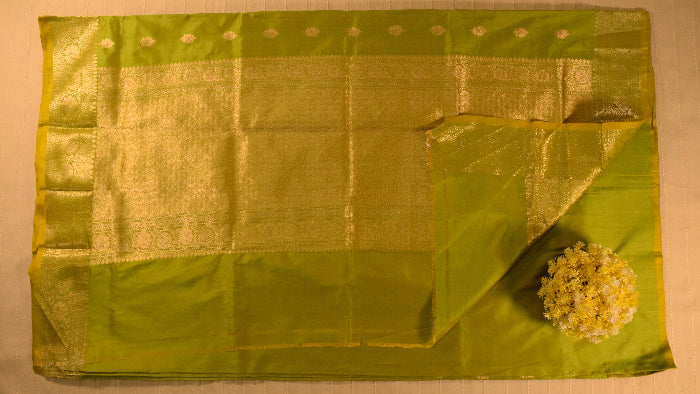Lime Green Banarasi Katan Silk Saree with Golden Zari Weaving