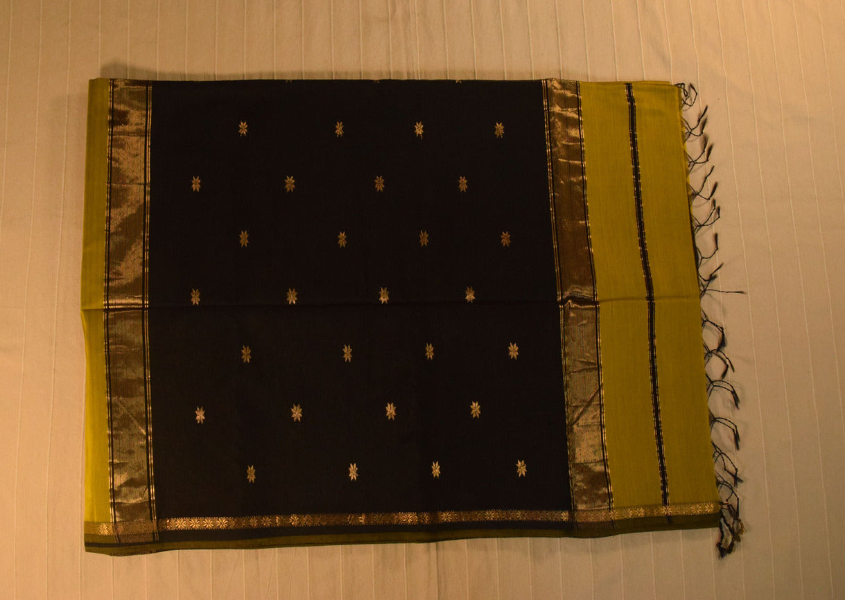 Chic Olive Green and Black Handloom Maheshwari Saree