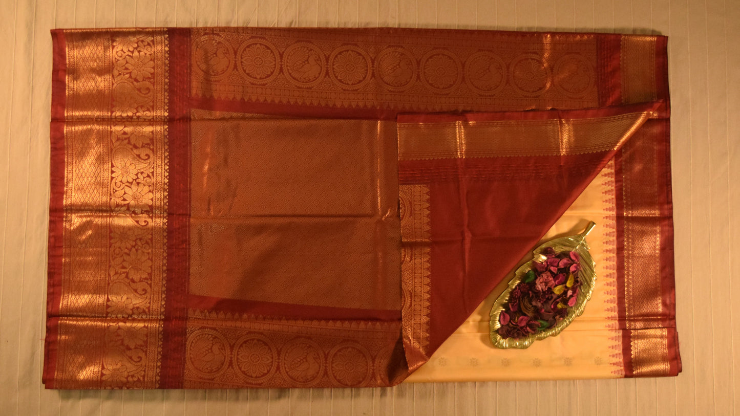 Soft Cream and Maroon Semi Gadwal silk saree