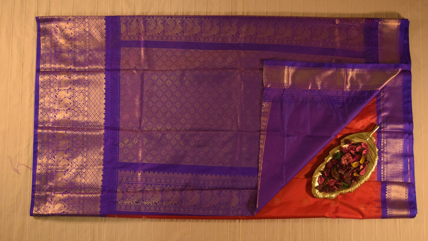 Deep Orange and Purple Semi Gadwal silk saree