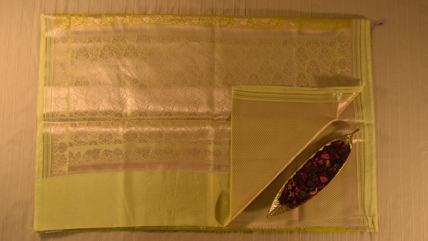 Bright Lime Green Semi Banarasi Silk Saree