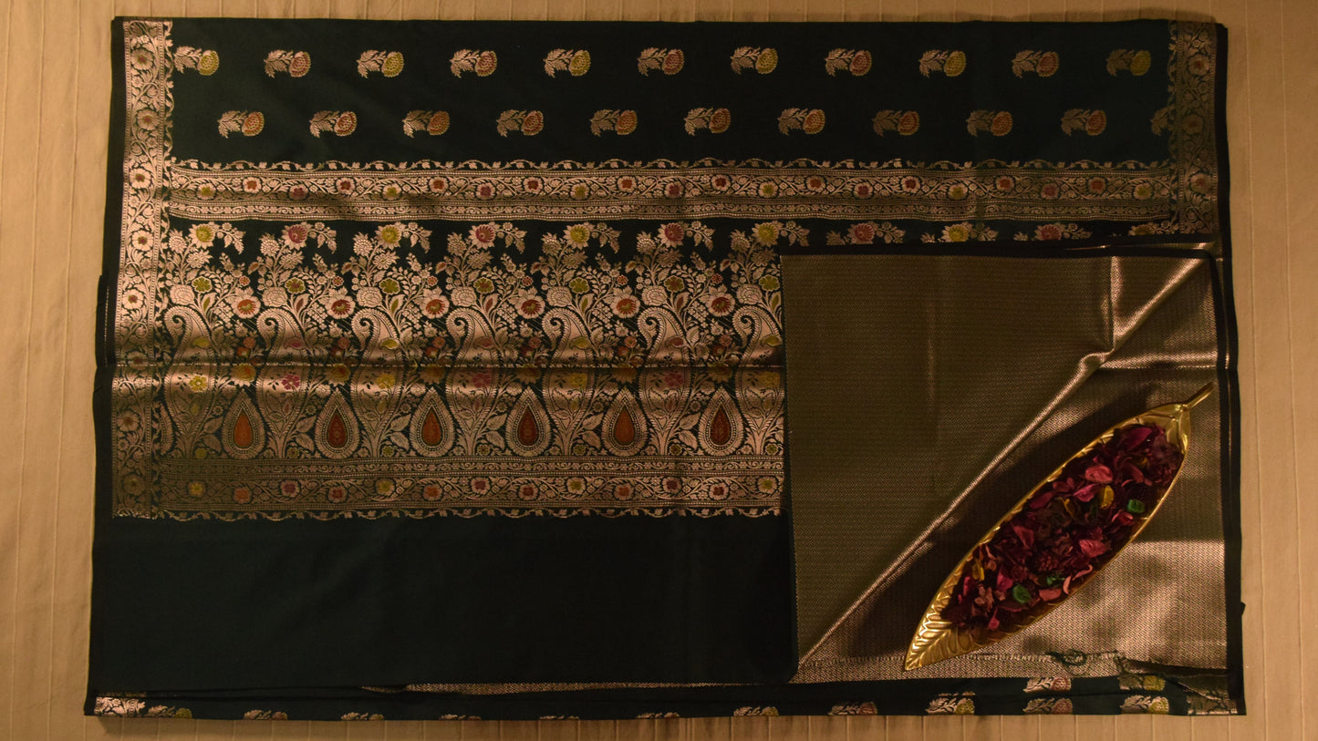 Bottle Green Semi Banarasi Saree