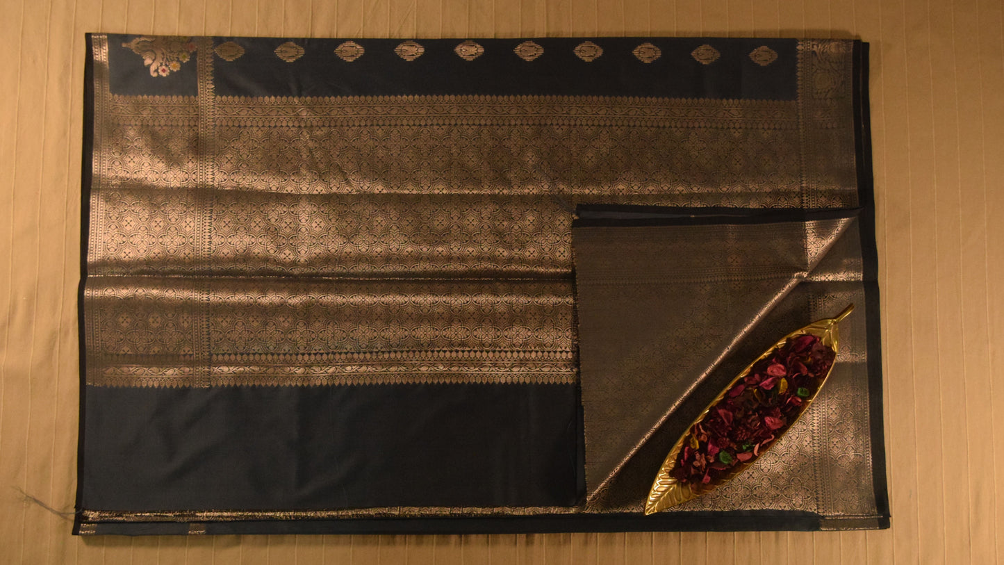 Grey Semi Banarasi Silk Saree