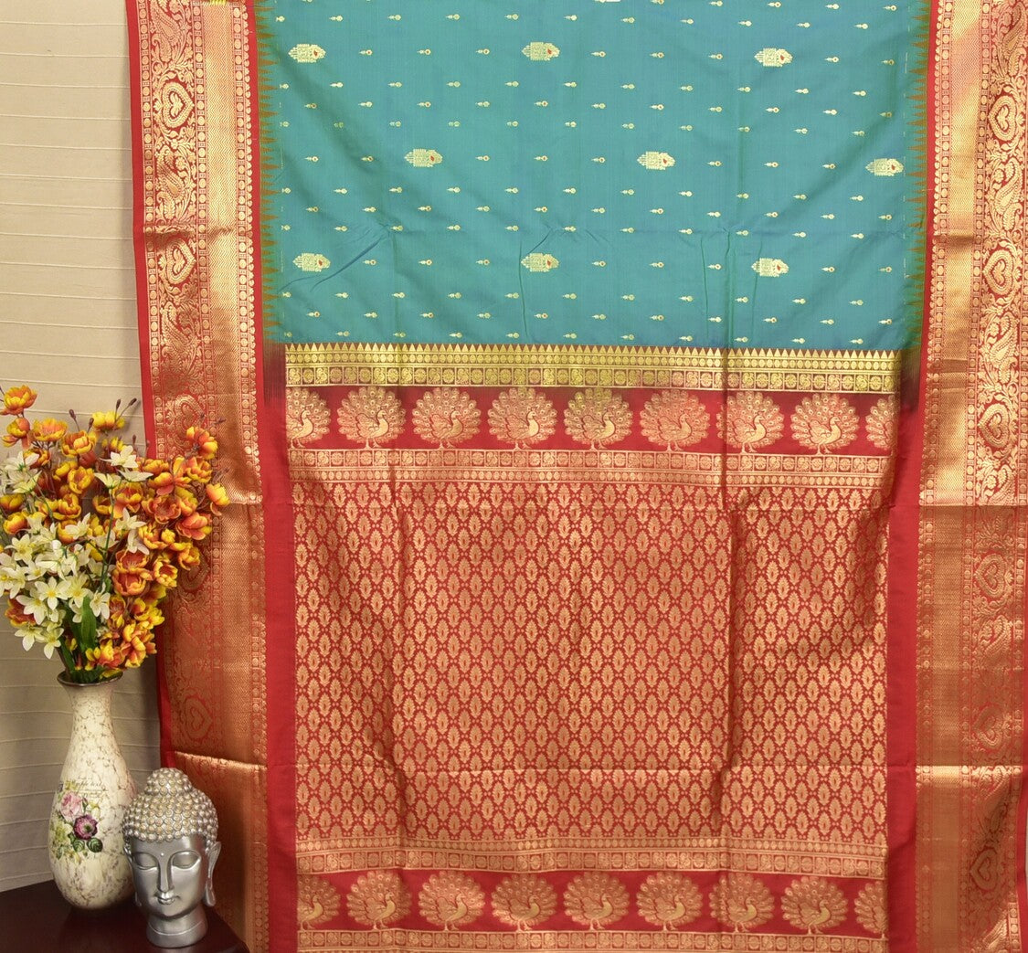 Teal Blue Semi Gadwal Silk Saree