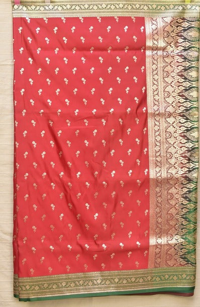Rani Red Banarasi Mashru Silk Saree with Rich Zari Pallu & Green Border