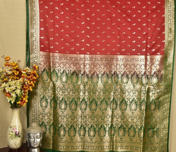 Rani Red Banarasi Mashru Silk Saree with Rich Zari Pallu & Green Border