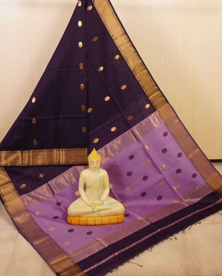 Deep Indigo and Soft Lavender Traditional Handloom Maheshwari Saree