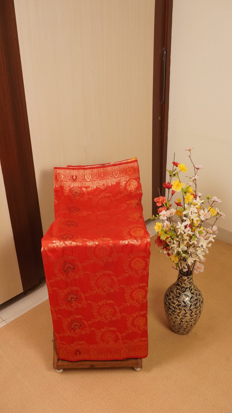Red Semi Muga Banarasi Silk Saree with Rich Zari Work