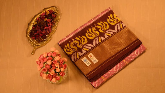 Pink and Rich Brown Pure handloom Pochampally Ikat Silk saree