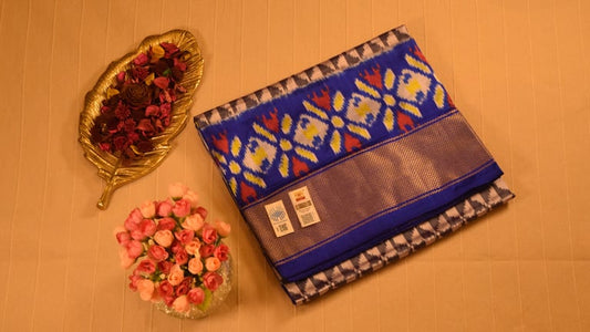 Grey and Blue Pure handloom Pochampally Ikat Silk saree