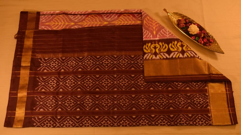 Pink and Rich Brown Pure handloom Pochampally Ikat Silk saree