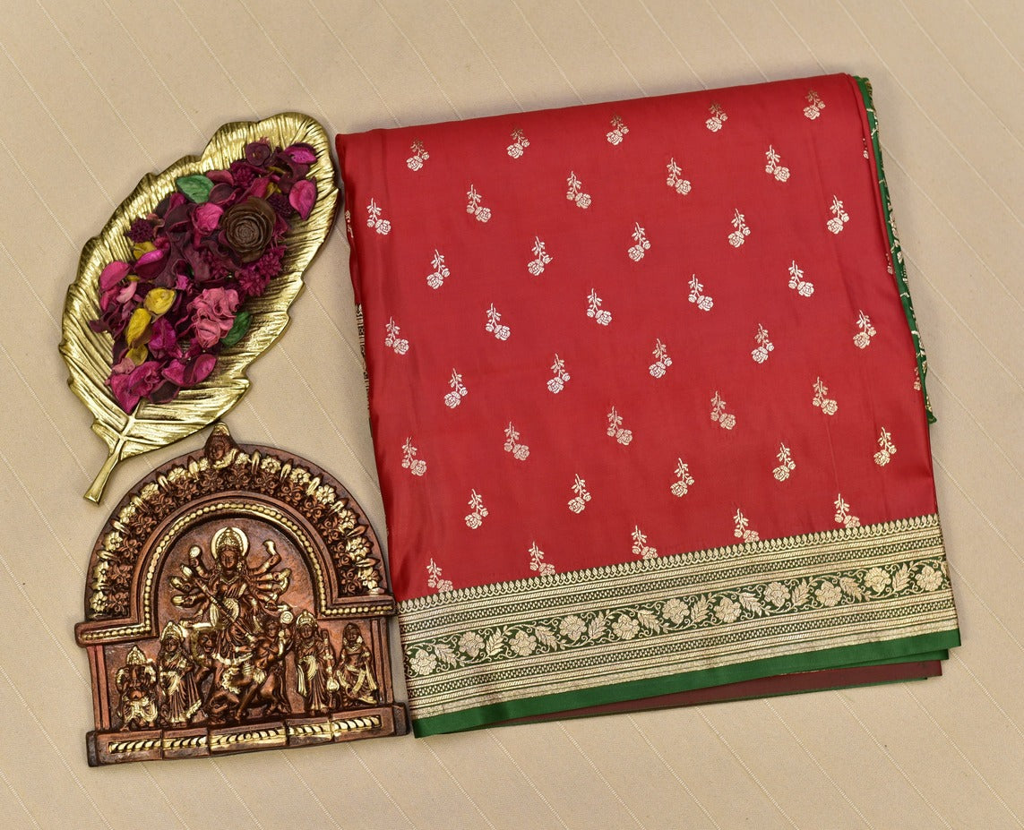 Rani Red Banarasi Mashru Silk Saree with Rich Zari Pallu & Green Border
