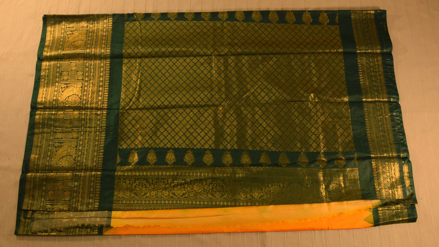 Bright Yellow and Green Semi Gadwal silk saree