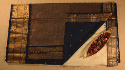 Off-White with Royal Navy Blue Semi Gadwal silk saree