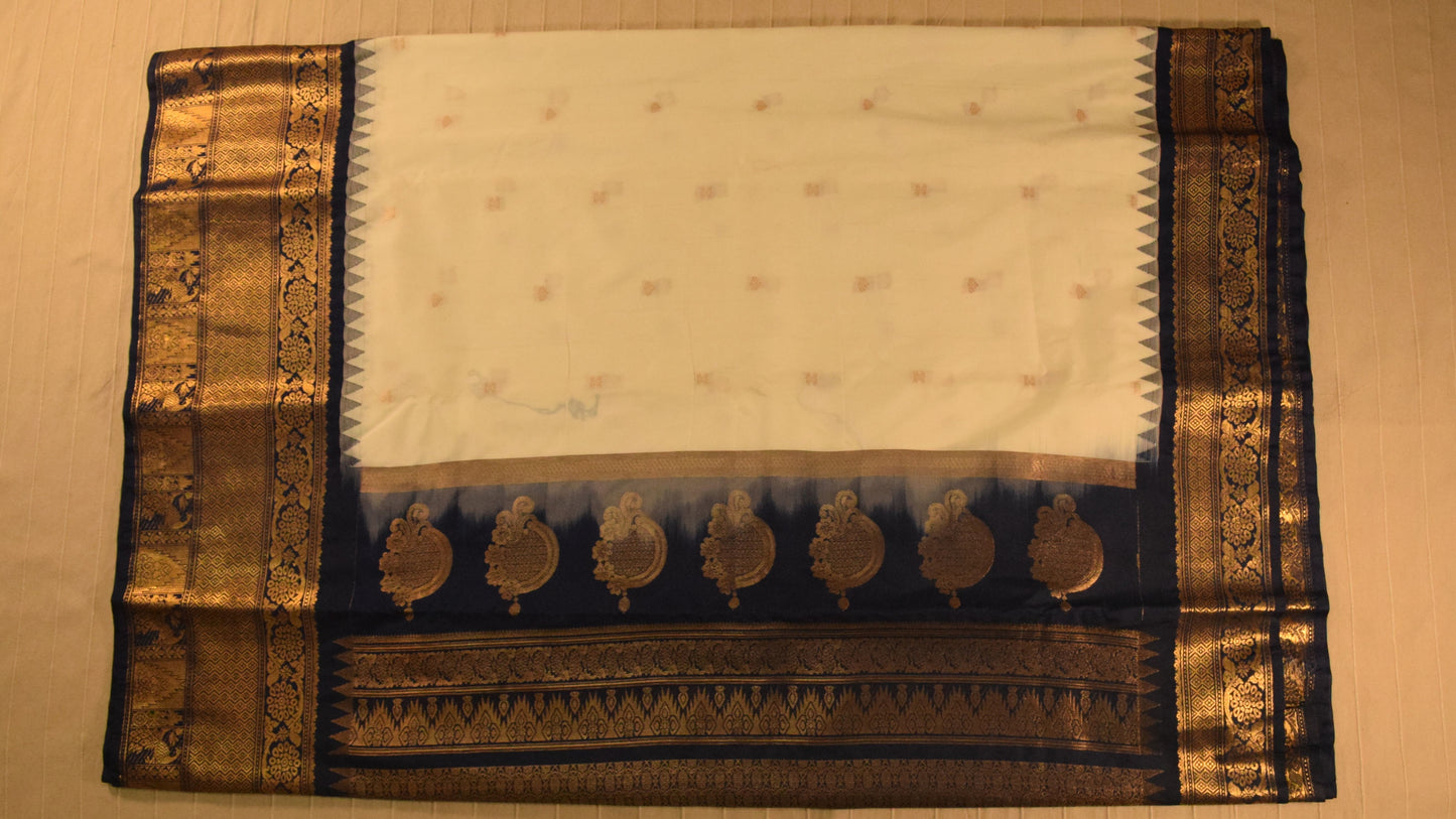 Off-White with Royal Navy Blue Semi Gadwal silk saree
