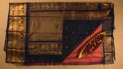 Rose Pink and Navy Blue Semi Gadwal silk saree