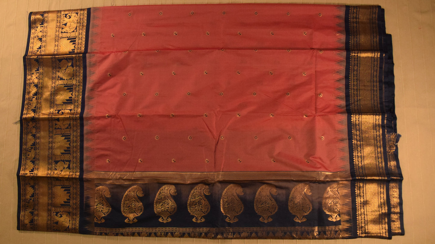 Rose Pink and Navy Blue Semi Gadwal silk saree