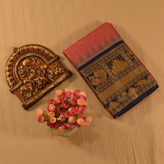 Rose Pink and Navy Blue Semi Gadwal silk saree