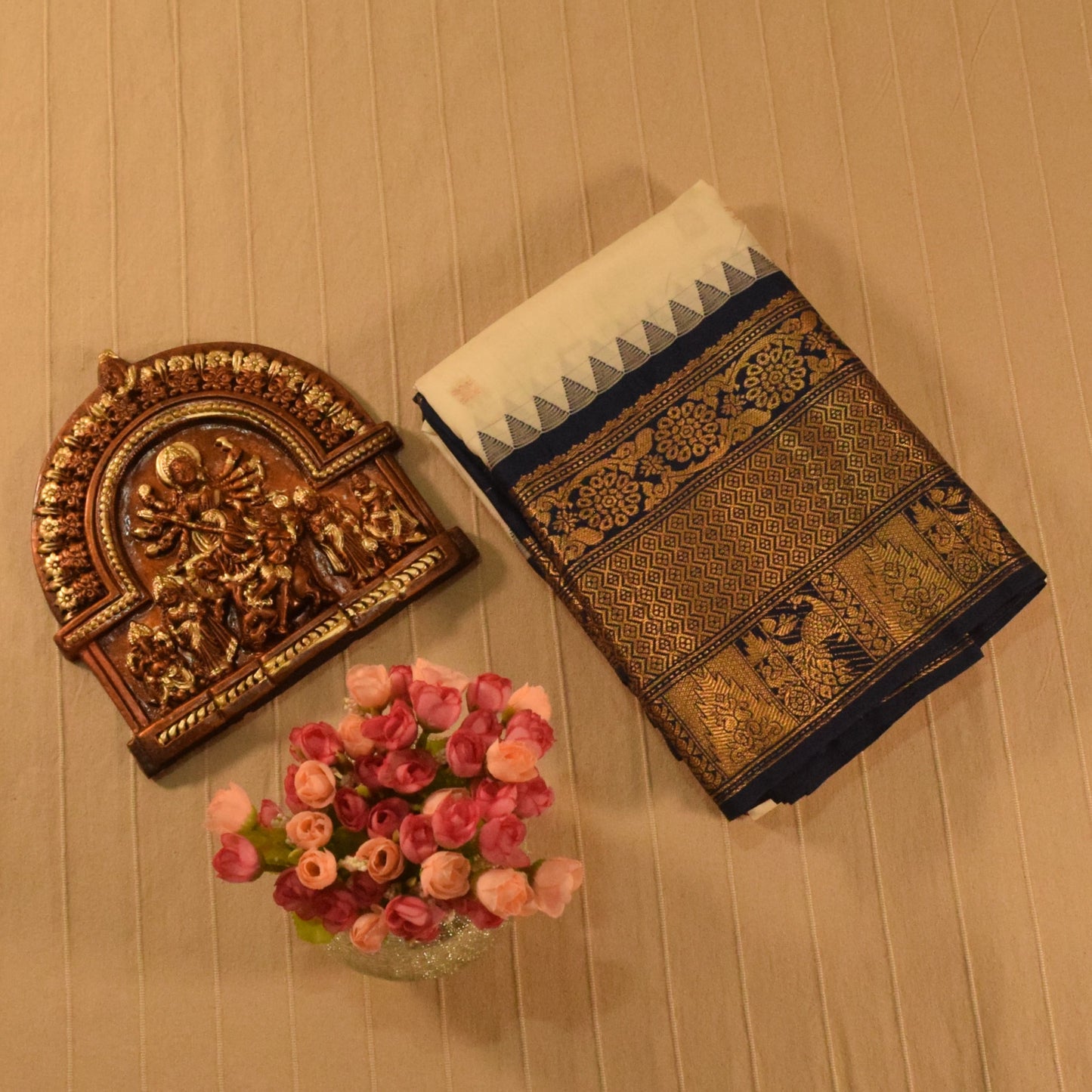 Off-White with Royal Navy Blue Semi Gadwal silk saree