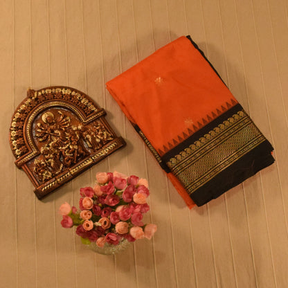 Vibrant orange and Black Semi Gadwal silk saree
