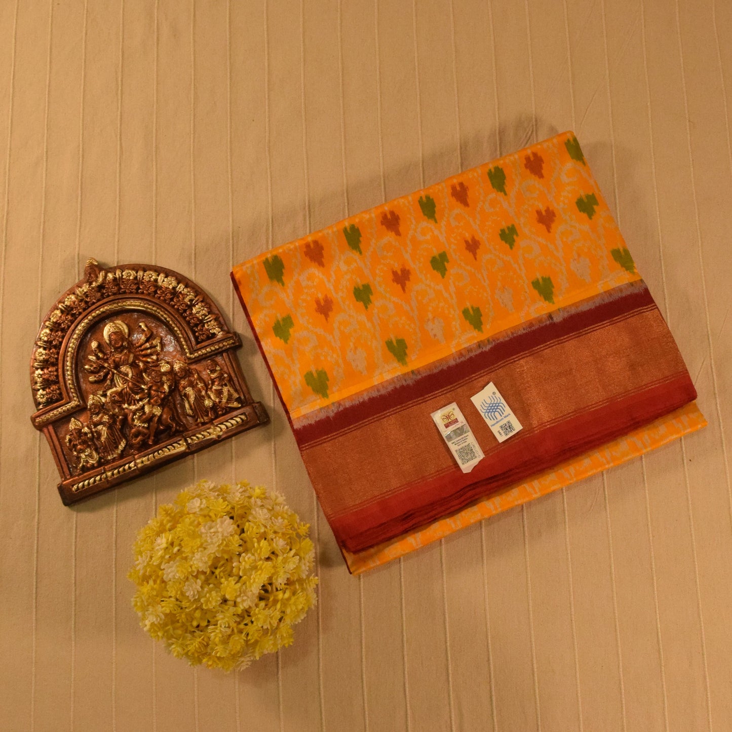 Vibrant Yellow and red Pure handloom Pochampally Ikat Silk saree