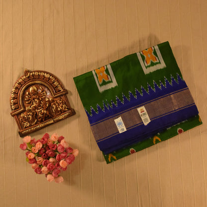 Parrot Green with Blue and Gold Border Pure handloom Pochampally Ikat Silk saree