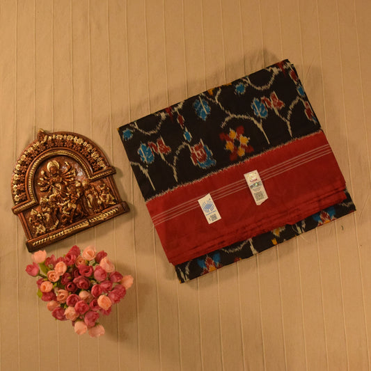 Black with Classic Red Border Pure handloom Pochampally Ikat Silk saree
