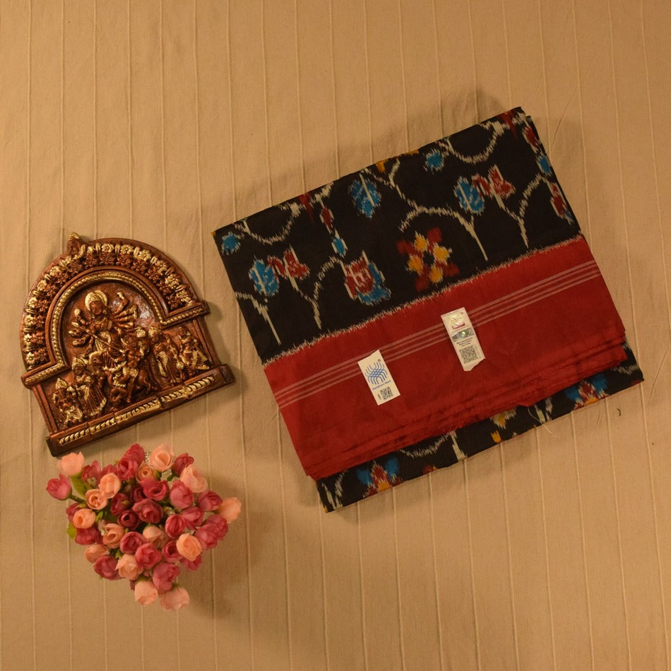 Black with Classic Red Border Pure handloom Pochampally Ikat Silk saree