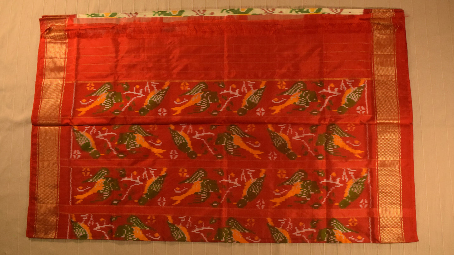 Ivory with Red Zari Border Pure handloom Pochampally Ikat Silk saree
