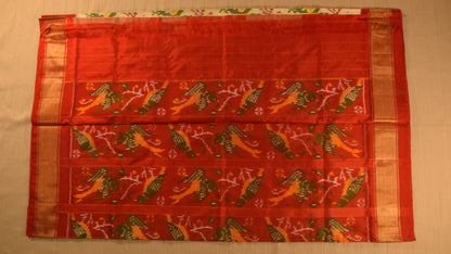 Ivory with Red Zari Border Pure handloom Pochampally Ikat Silk saree