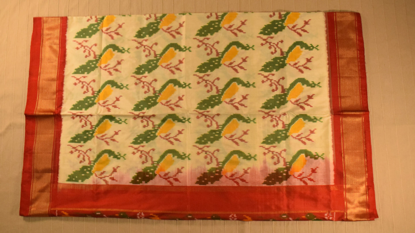 Ivory with Red Zari Border Pure handloom Pochampally Ikat Silk saree