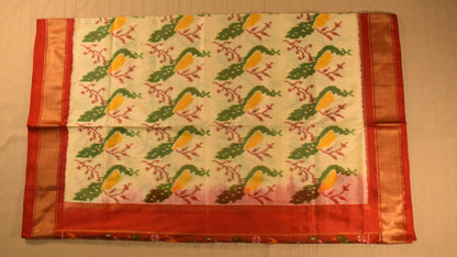 Ivory with Red Zari Border Pure handloom Pochampally Ikat Silk saree