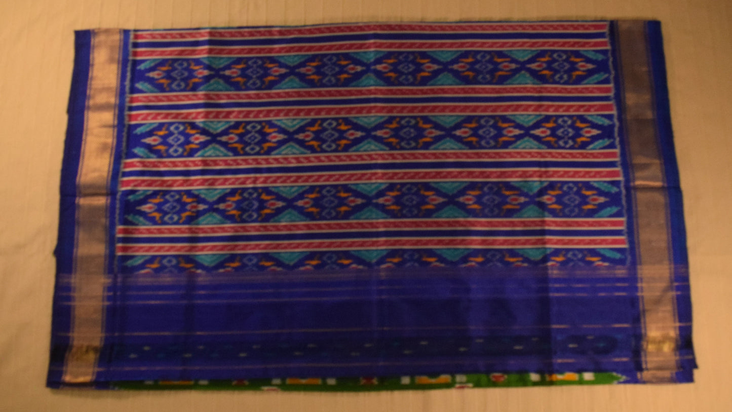 Parrot Green with Blue and Gold Border Pure handloom Pochampally Ikat Silk saree