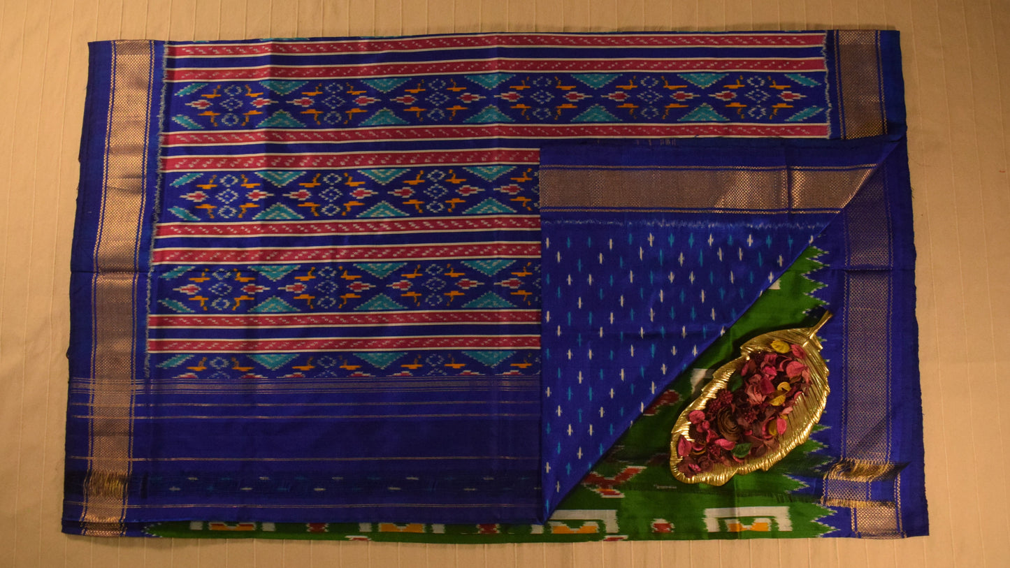 Parrot Green with Blue and Gold Border Pure handloom Pochampally Ikat Silk saree