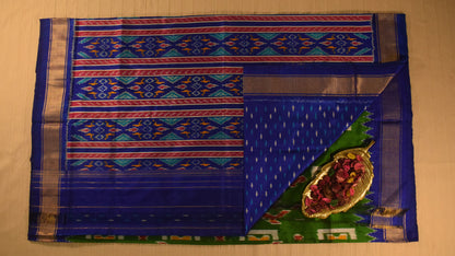 Parrot Green with Blue and Gold Border Pure handloom Pochampally Ikat Silk saree