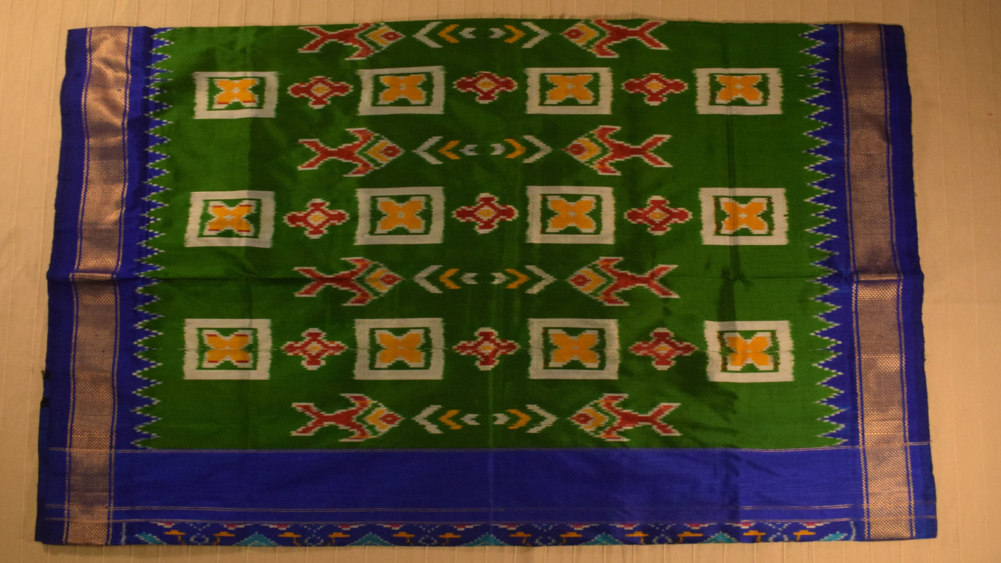 Parrot Green with Blue and Gold Border Pure handloom Pochampally Ikat Silk saree