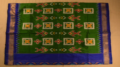 Parrot Green with Blue and Gold Border Pure handloom Pochampally Ikat Silk saree