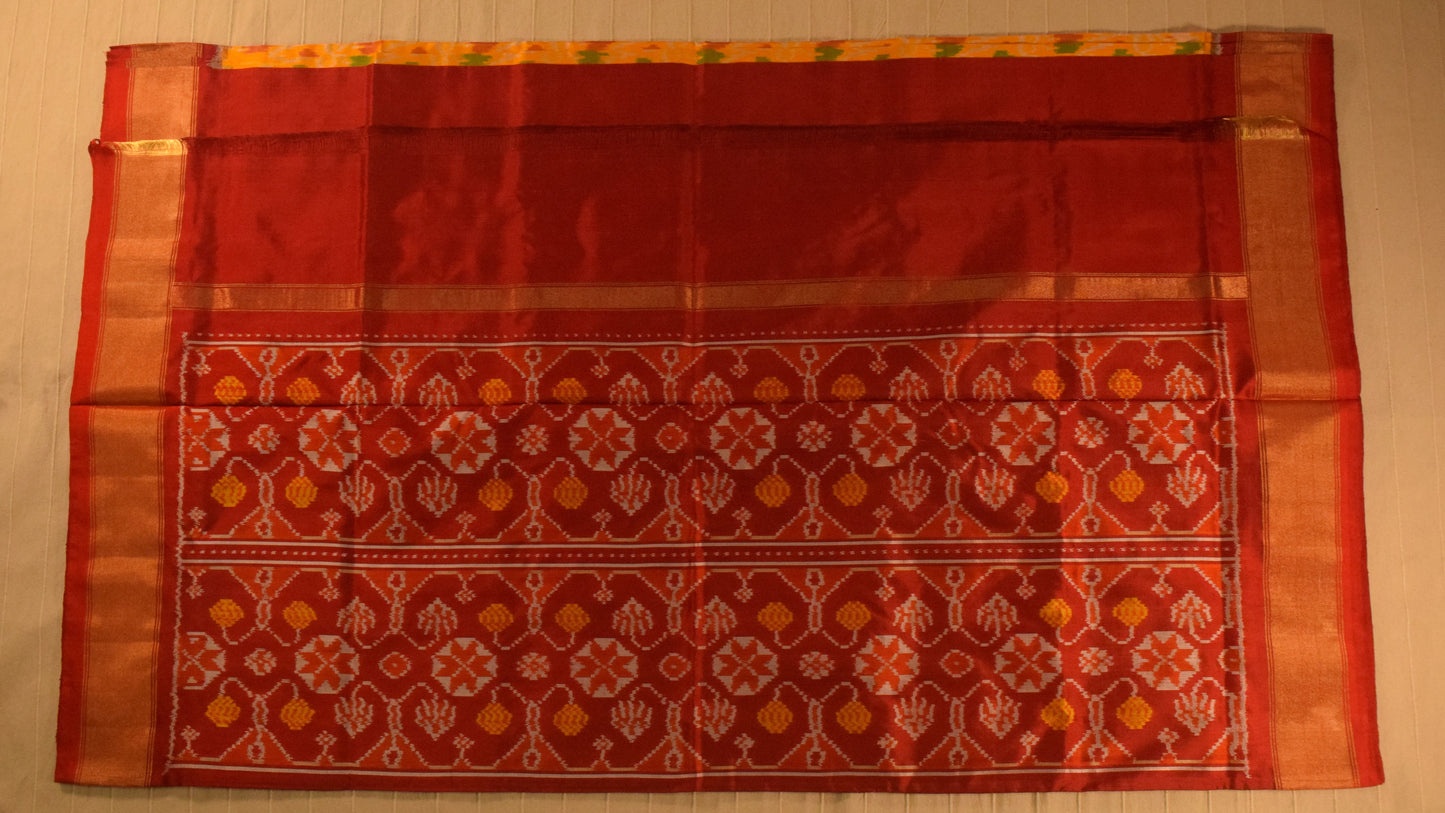 Vibrant Yellow and red Pure handloom Pochampally Ikat Silk saree