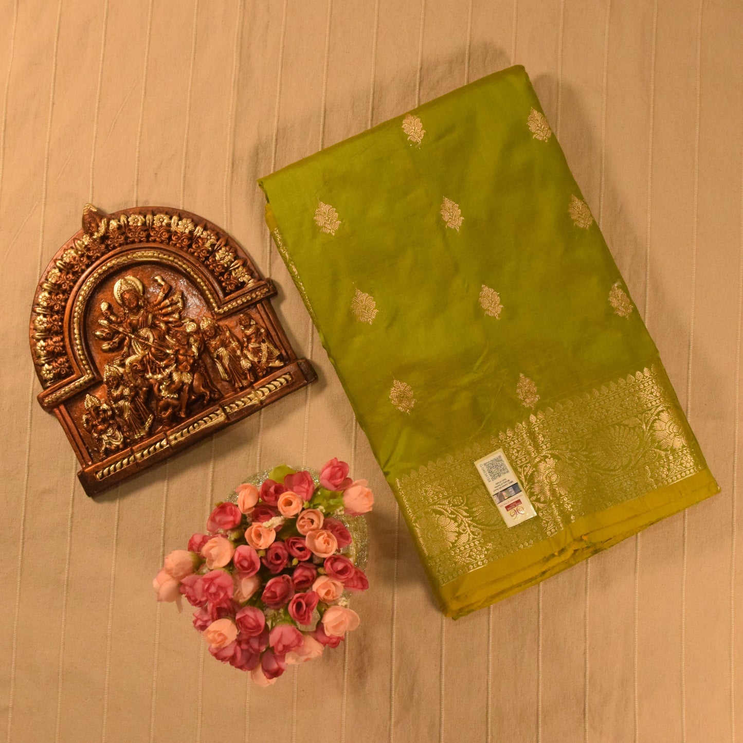Lime Green Banarasi Katan Silk Saree with Golden Zari Weaving