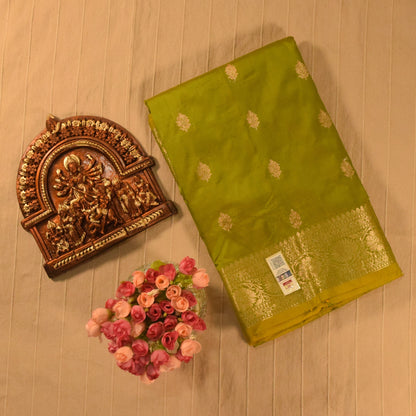 Lime Green Banarasi Katan Silk Saree with Golden Zari Weaving