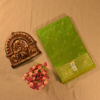 Vibrant Lime Green Banarasi Katan Silk Saree with Golden Zari Weaving