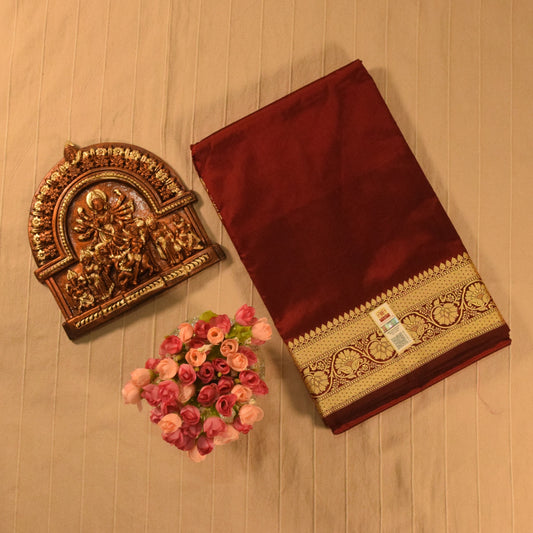 Rich Maroon Banarasi Katan Silk Saree with Golden Zari Weaving