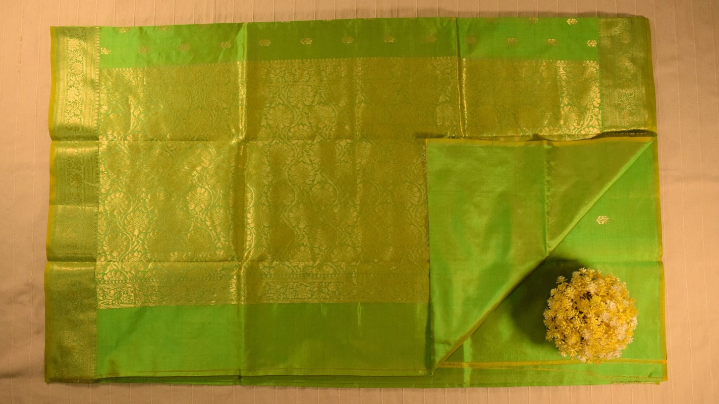Vibrant Lime Green Banarasi Katan Silk Saree with Golden Zari Weaving