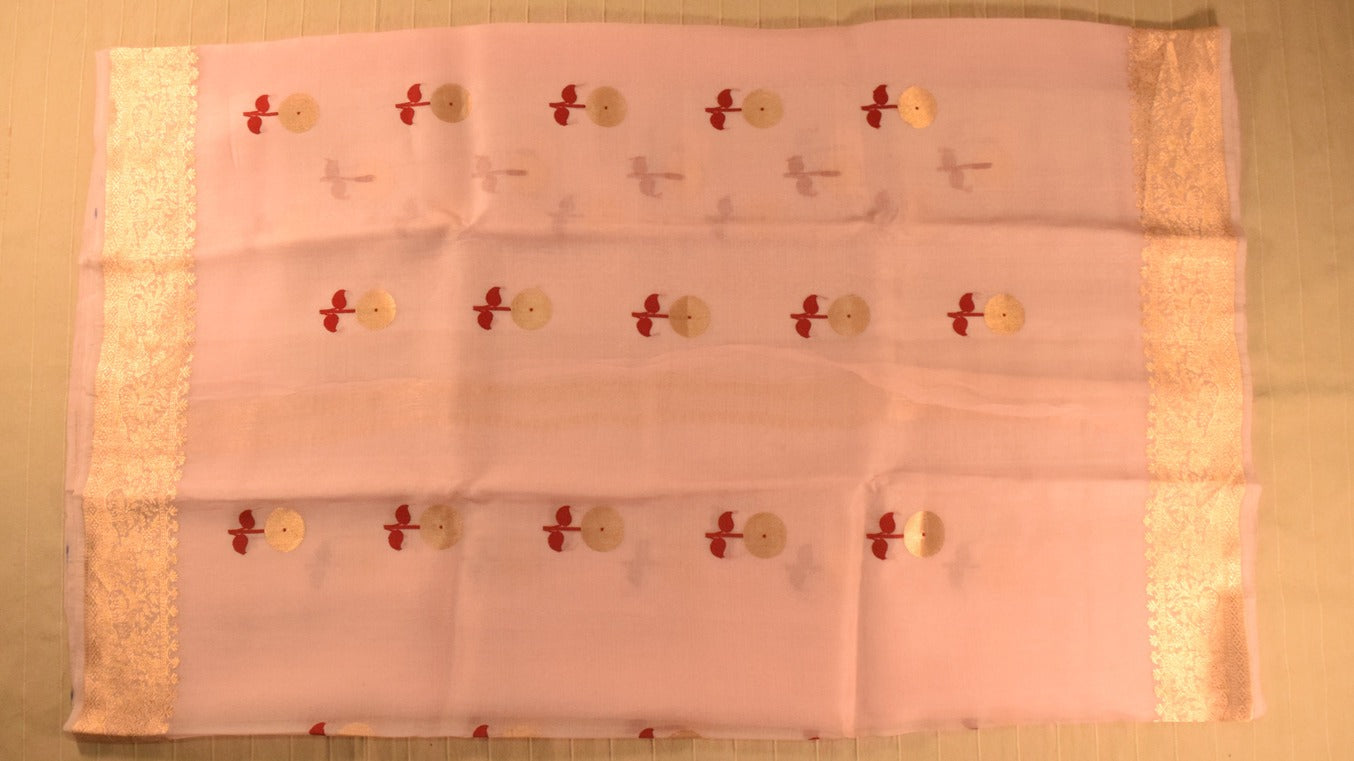 Pastel Pink Kora Organza Banarasi silk saree