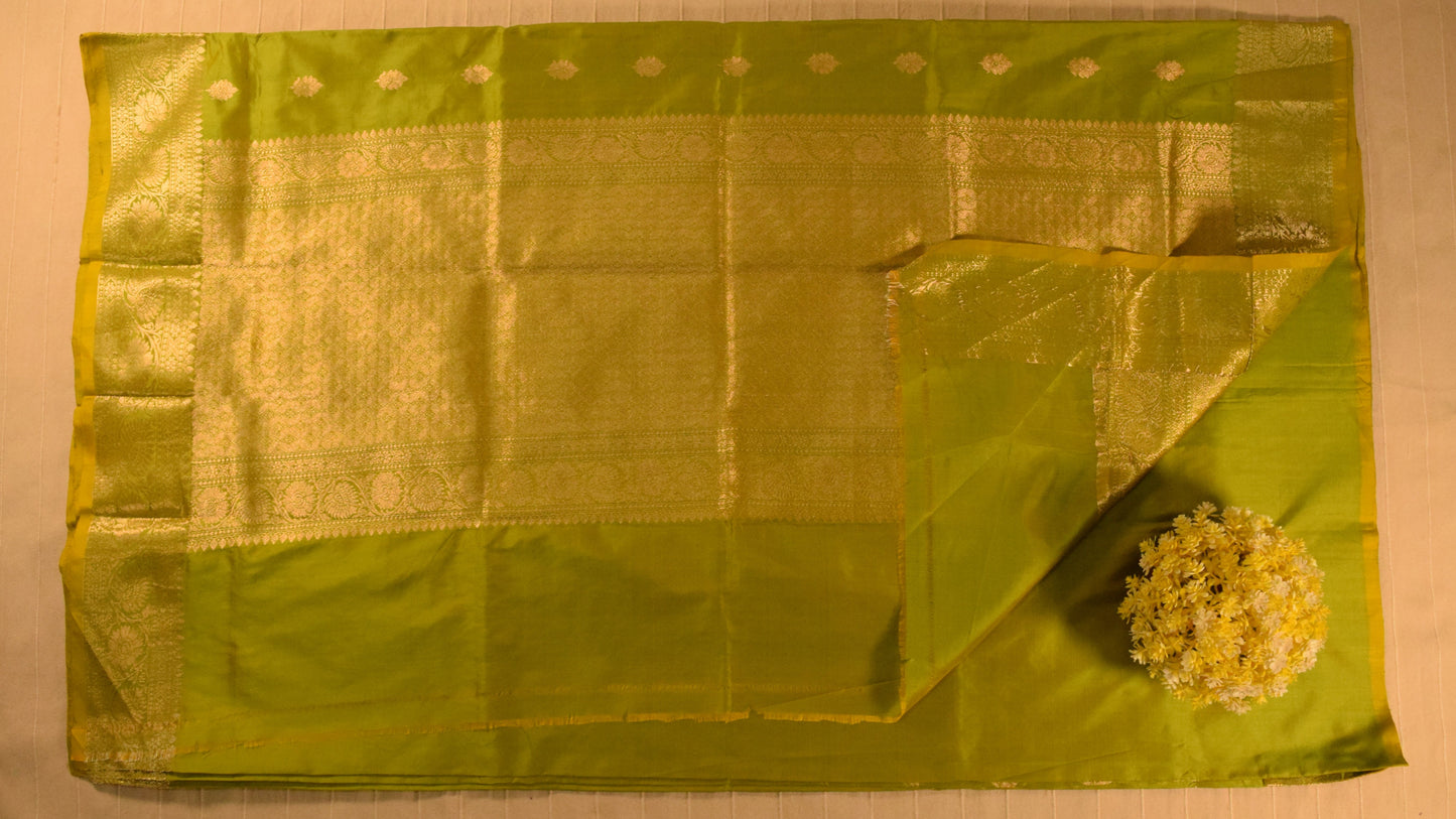 Lime Green Banarasi Katan Silk Saree with Golden Zari Weaving