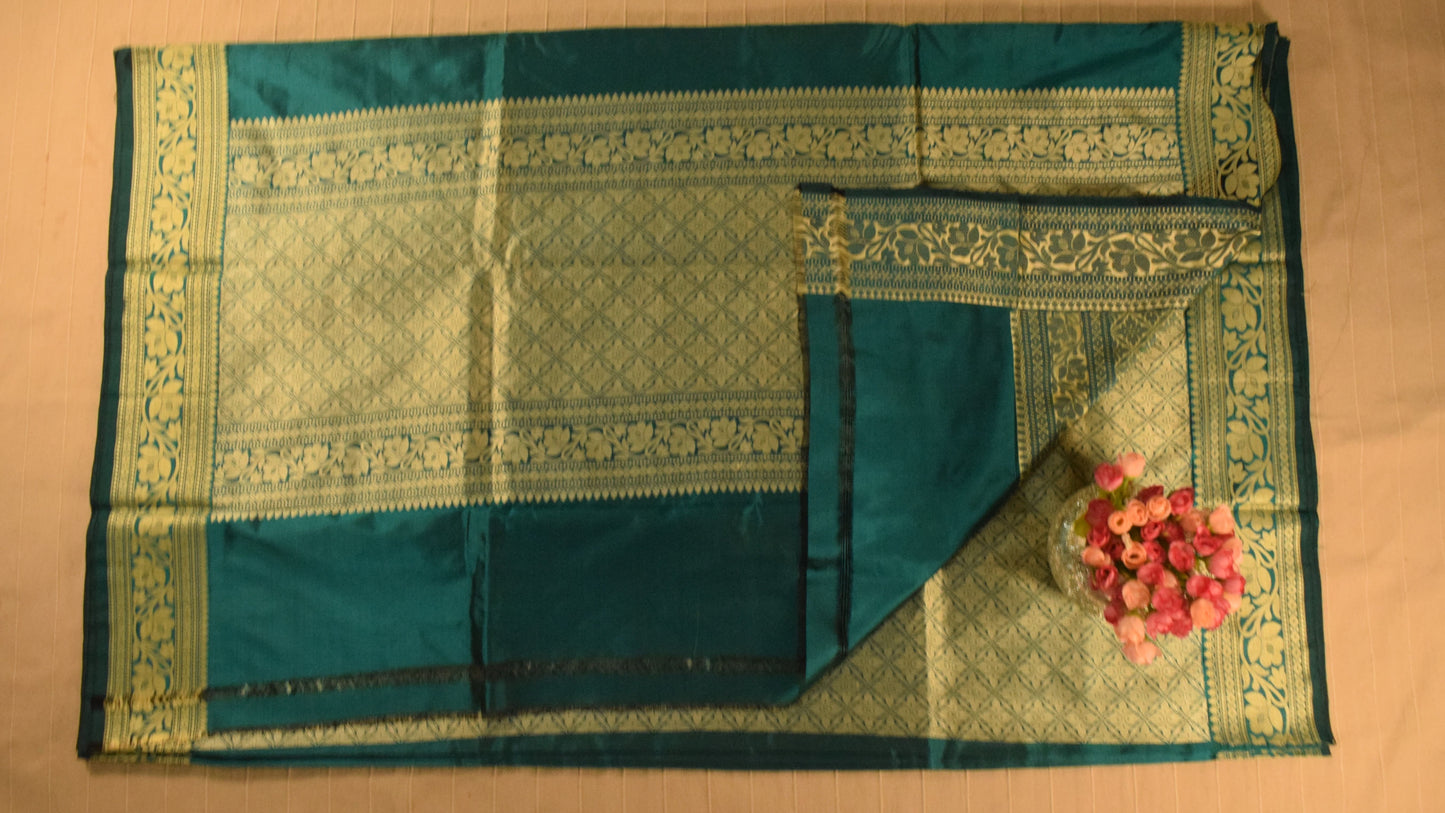 Stunning Teal Banarasi Katan Silk Saree with Golden Zari Weaving