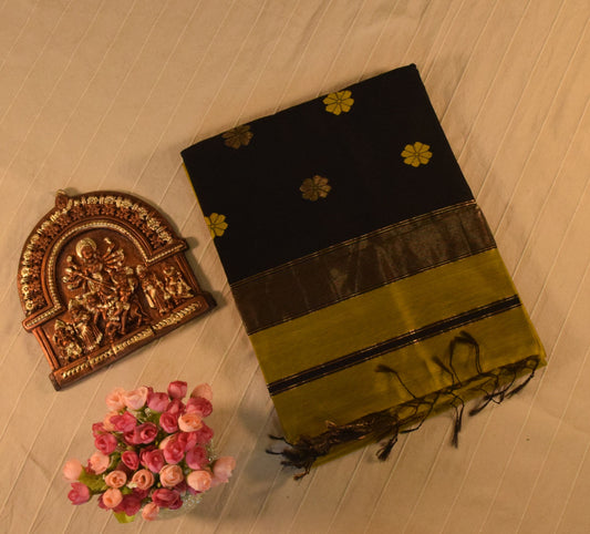 Vibrant Olive Green and Black Handloom Maheshwari Saree